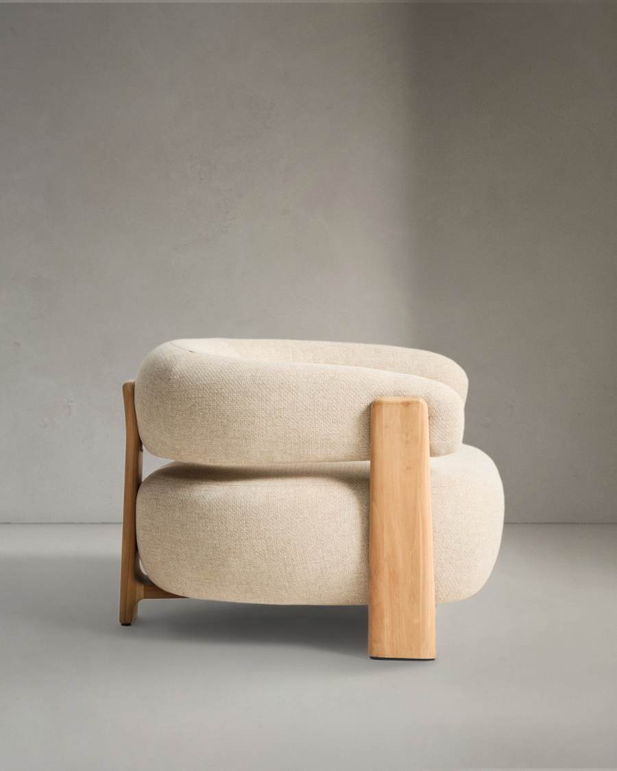 Granite outdoor armchair in beige with legs in FSC 100% solid teak wood in a natural finish