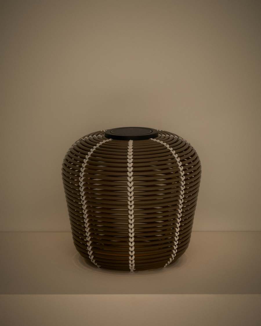 Garoina outdoor solar LED table lamp in taupe synthetic rattan Ø35cm