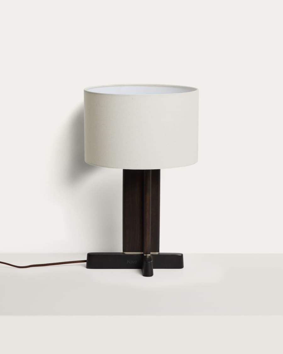 Niani table lamp in dark-finish rubber wood with ivory-coloured cotton shade Ø30cm with UK adaptor