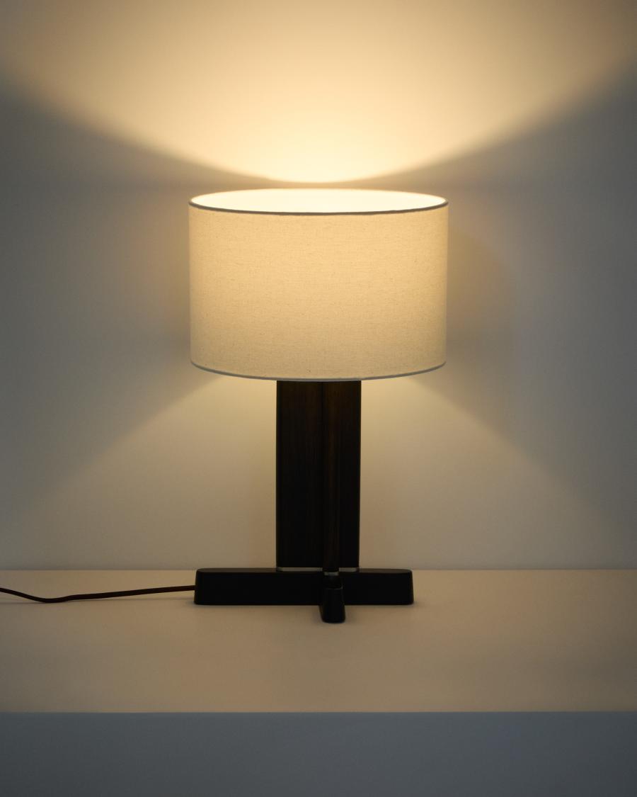 Niani table lamp in dark-finish rubber wood with ivory-coloured cotton shade Ø30cm with UK adaptor