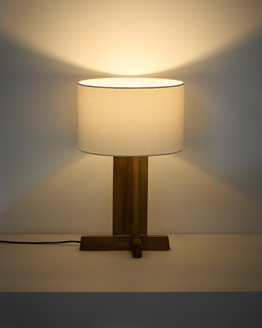 Niani table lamp in rubber wood with natural finish and ivory-coloured cotton lamp shade Ø30cm with UK adaptor