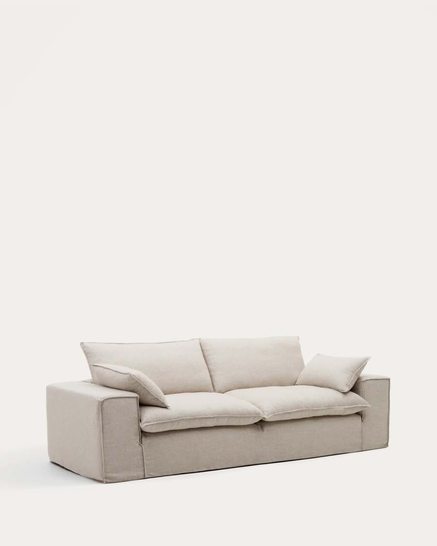 Sofà desenfundable Anarela de 3 places amb coixins de lli beix FSC Mix Credit 280 cm.