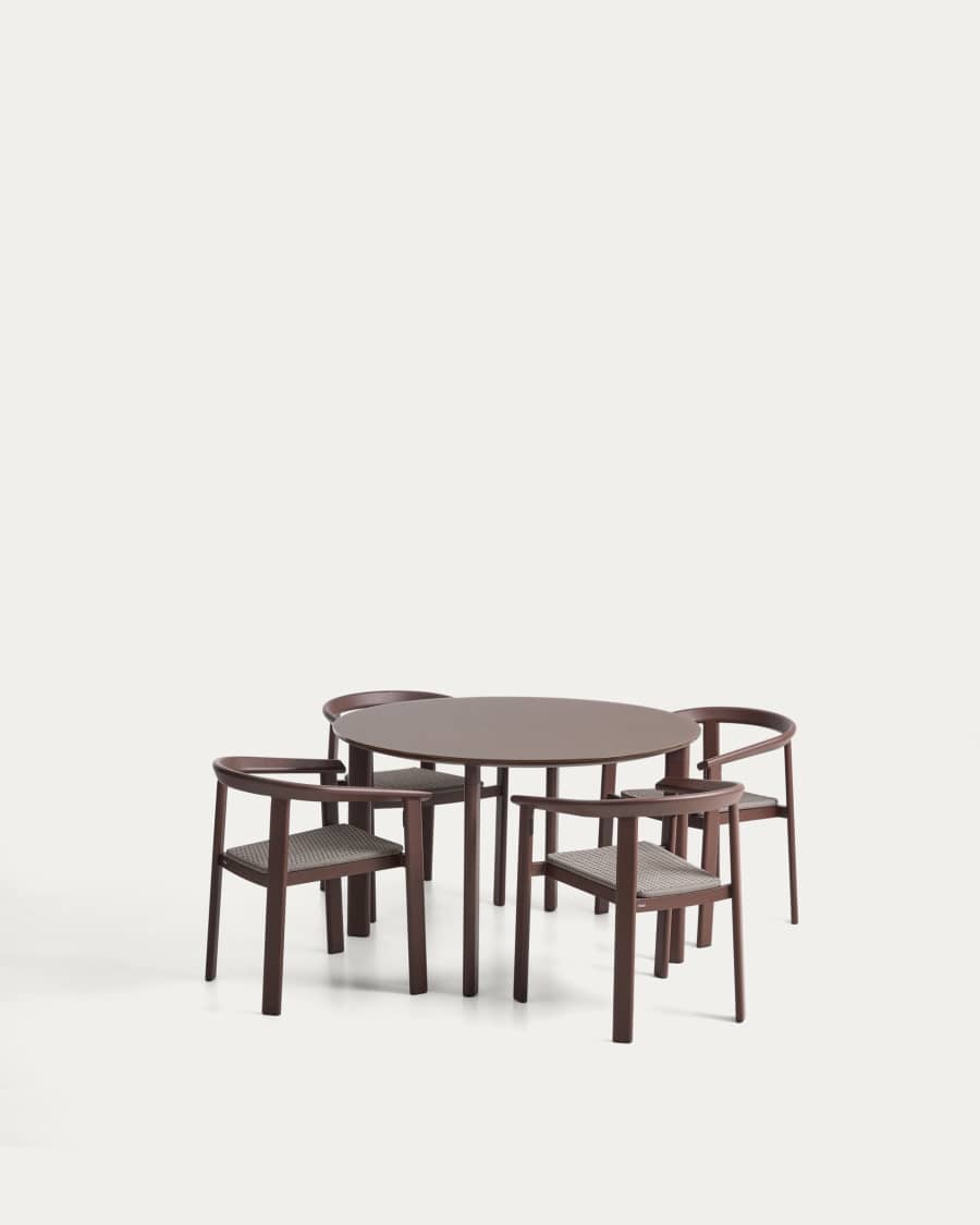 Set Erice de 4 cadires apilables d’alumini i corda i taula d’alumini i vidre temperat marró Ø120 cm