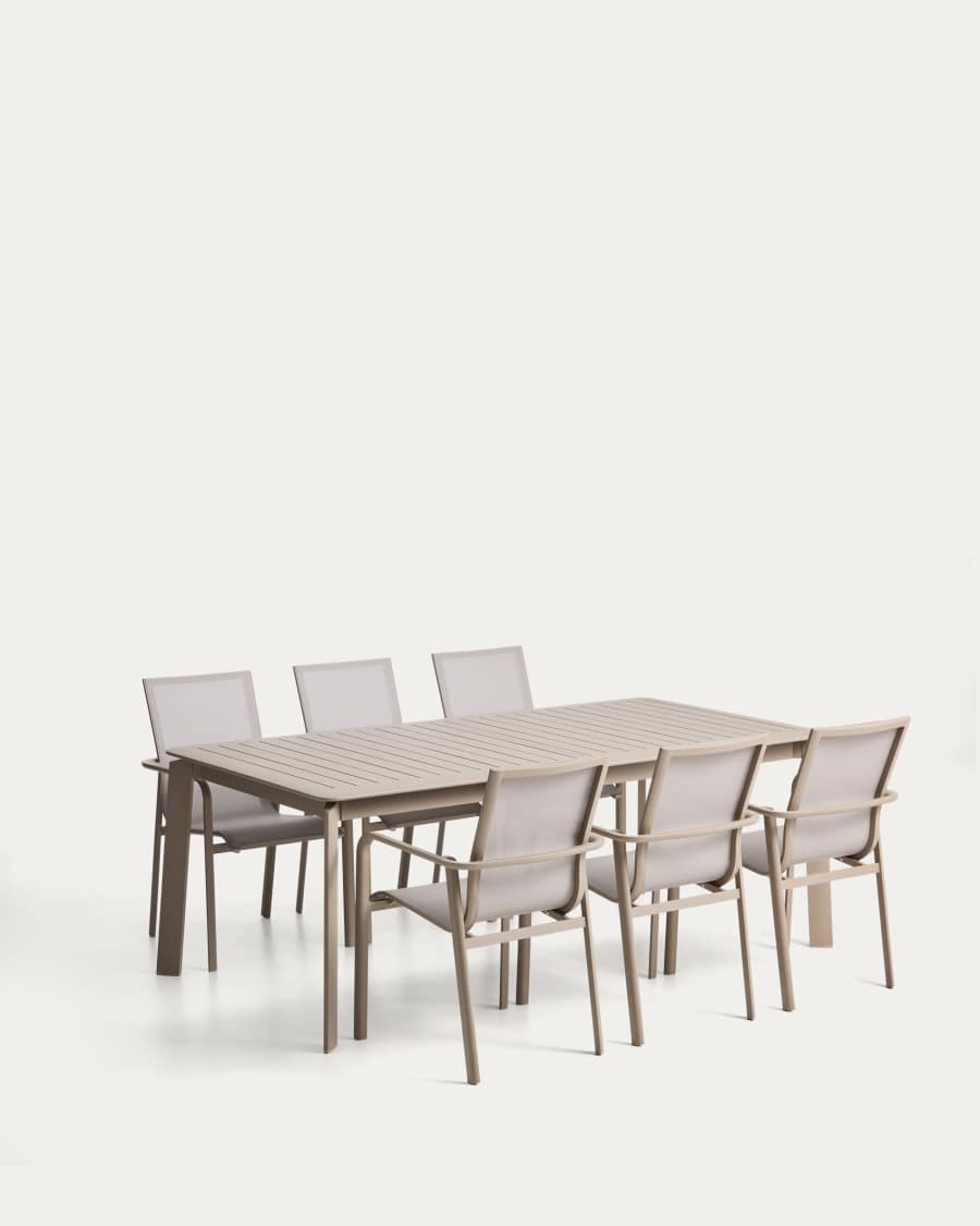 Set with Brela extendable table in taupe aluminium and 6 Canea chairs in taupe aluminium and beige texteline 205(287)x100cm
