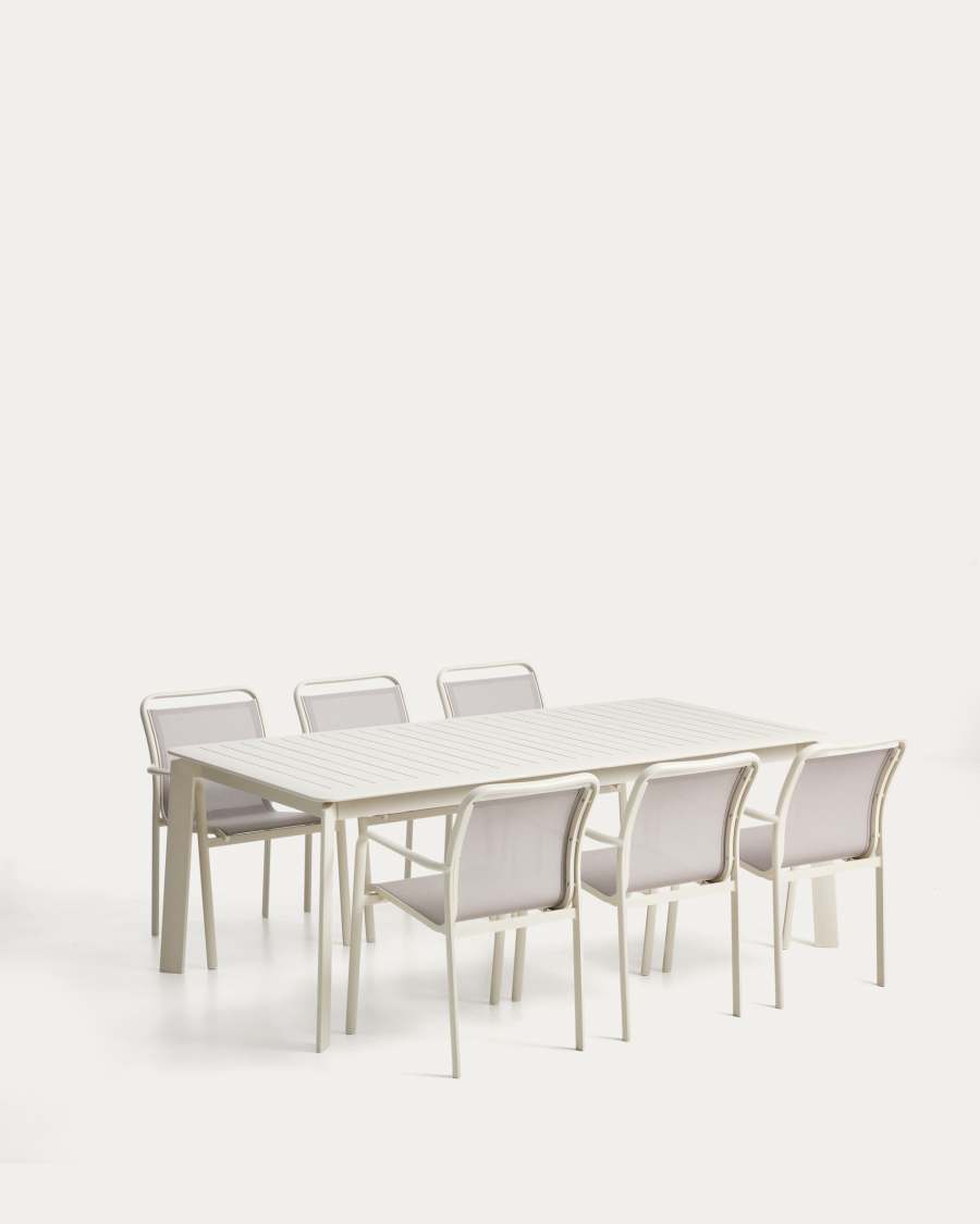 Set with Brela extendable table in ecru aluminium and 6 Luri chairs in ecru aluminium and beige texteline 205(287)x100cm