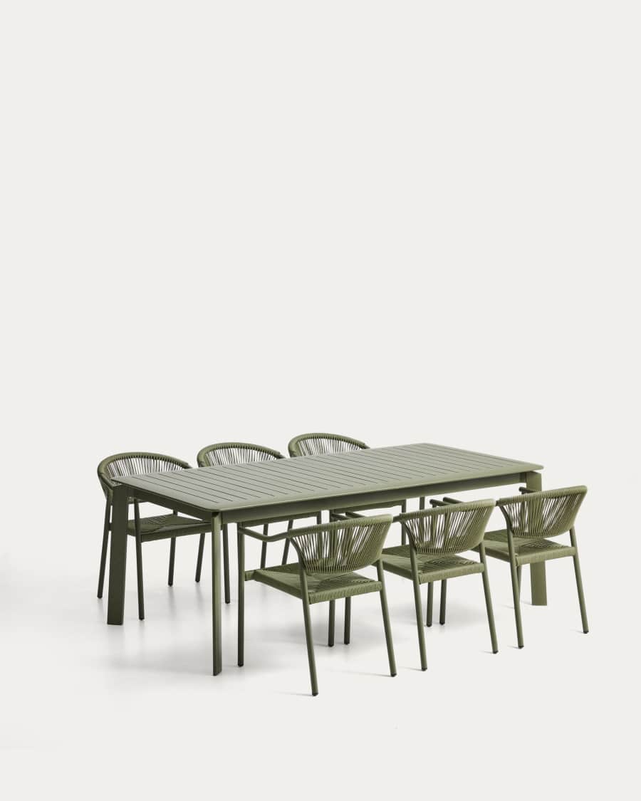 Set with Brela aluminium extendable table and 6 Livadia stackable chairs in green aluminium and synthetic rope cord 205(287) x 100cm