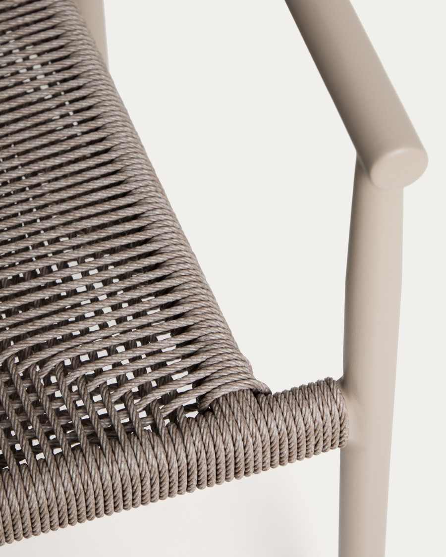 Ensemble table extensible Brela en aluminium et 6 chaises empilables Livadia en aluminium et corde synthétique taupe 205 (287) x 100 cm