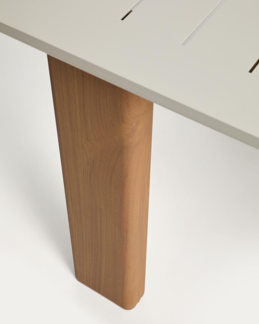 Set Livorno extendable table beige aluminium with wood-effect legs and 6 Linosa stackable chairs ecru aluminium with beige cushion 205(287)x100 cm