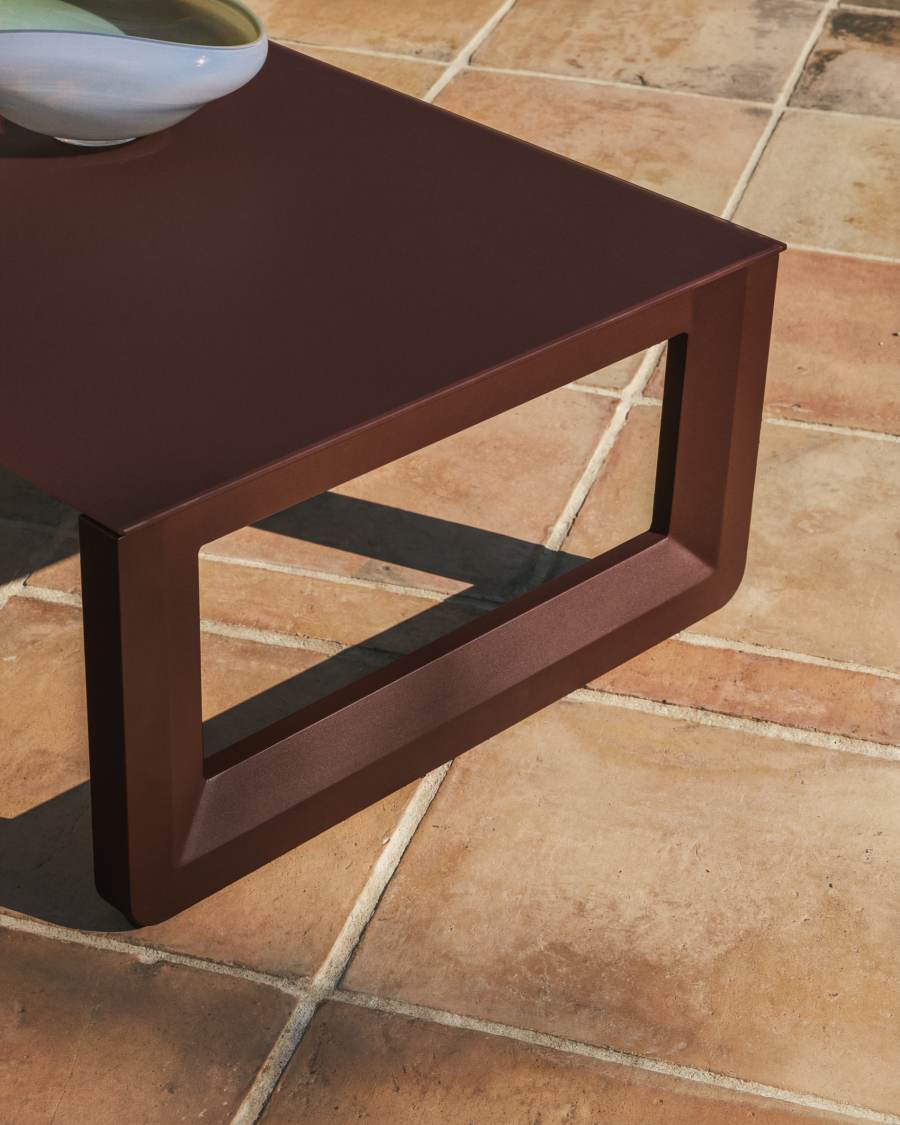 Nerano set with 3-seater sofa, 2 armchairs and coffee table in tempered glass and brown aluminium