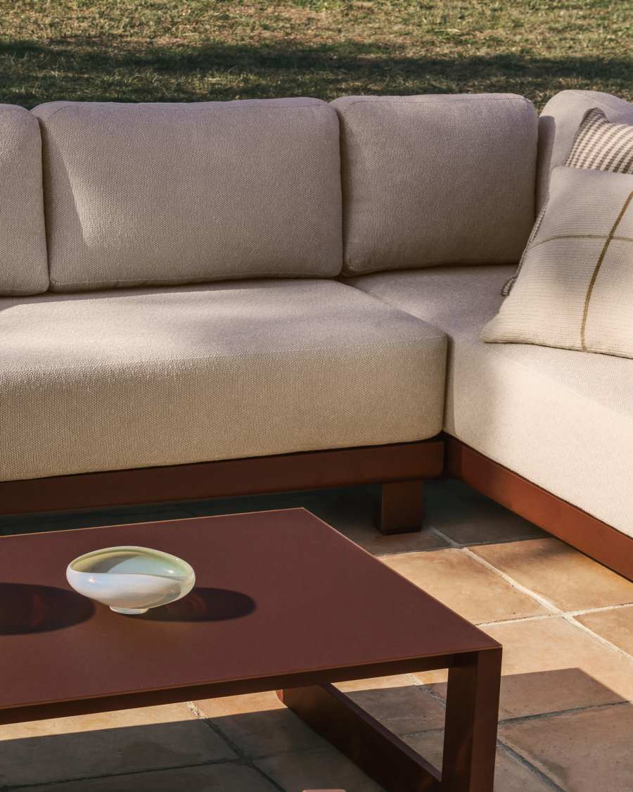 Nerano set with 5-seater corner sofa, armchair and coffee table in tempered glass and brown aluminium