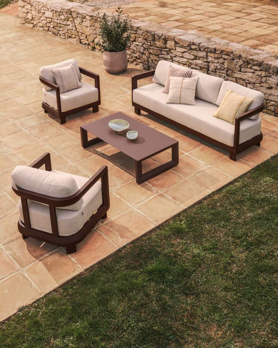Nerano set with 3-seater sofa, 2 armchairs and coffee table in tempered glass and brown aluminium