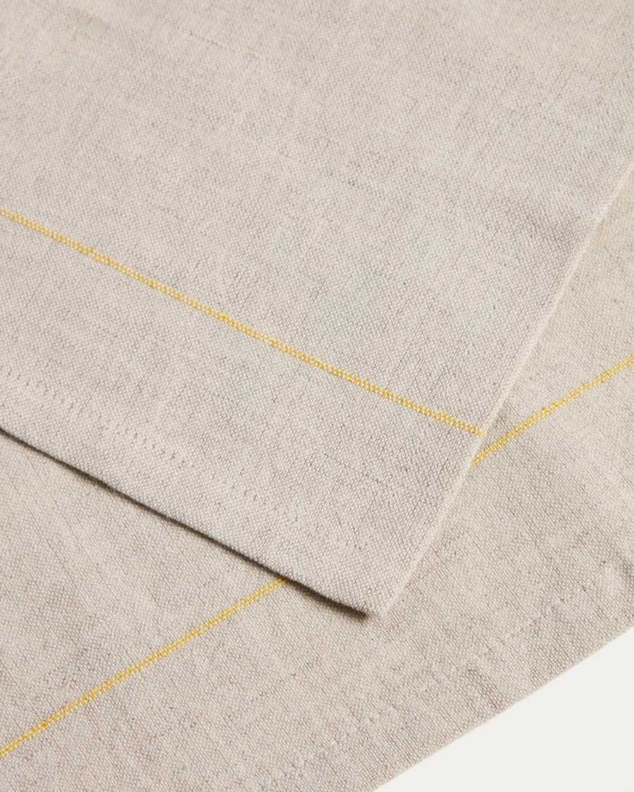 Ensemble Ulaen de 2 serviettes en coton et lin beige à rayures jaunes 35 x 35 cm