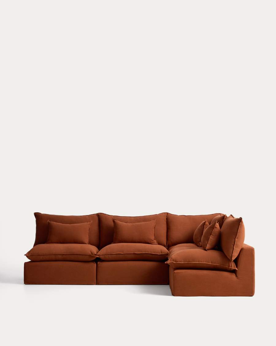 Modulares 6-Sitzer-Ecksofa Anarela mit abnehmbarem Bezug aus Leinen in Terrakotta, 327 x 217 cm / 217 x 327 cm, FSC Mix Credit