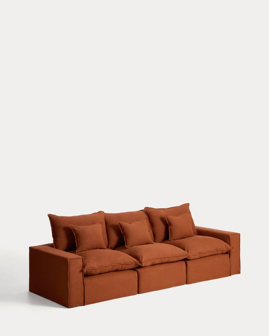 3-Sitzer-Modularsofa Anarela mit abnehmbarem Bezug aus Leinen in Terrakotta, 310 cm, FSC Mix Credit