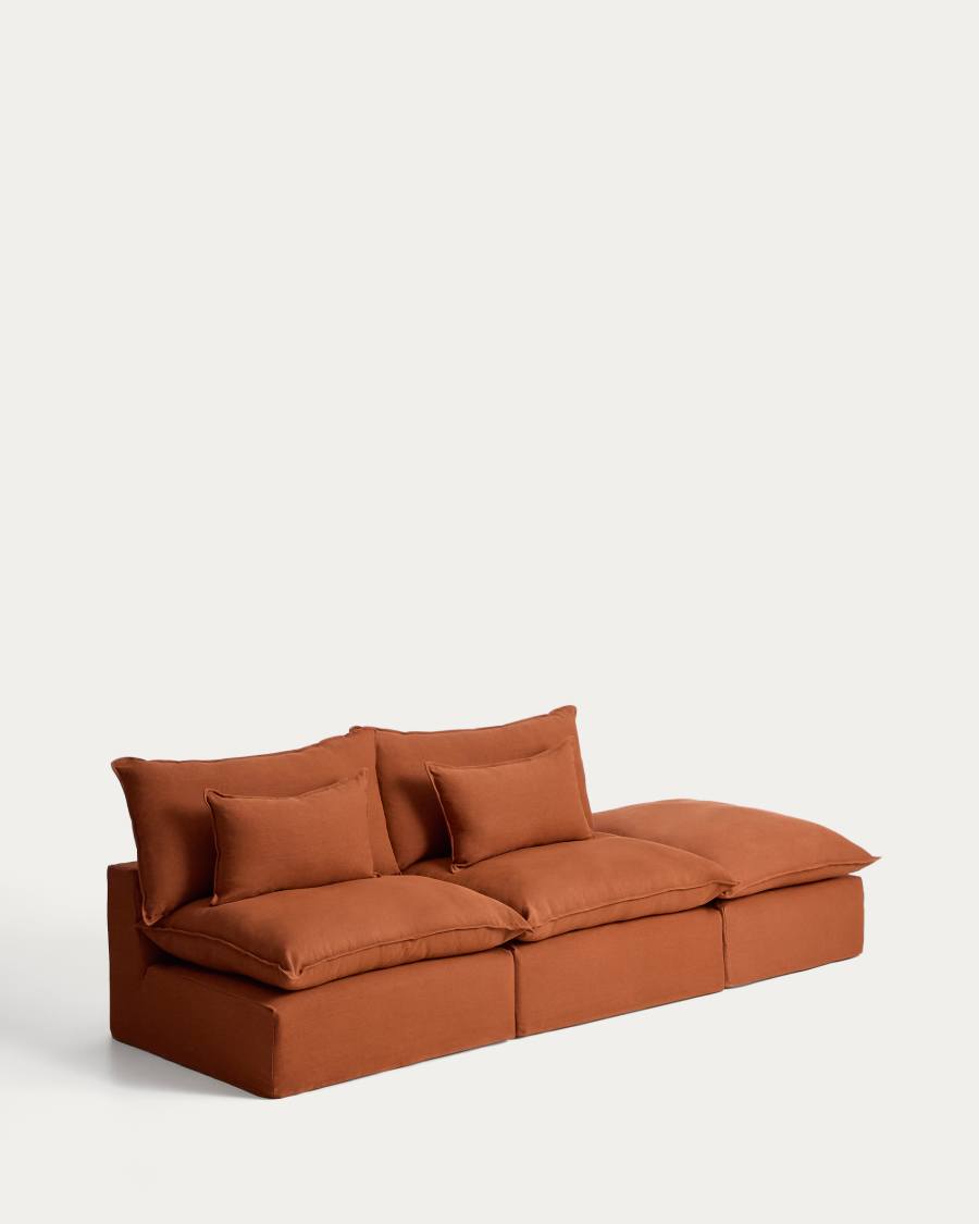 3-Sitzer-Modularsofa Anarela mit abnehmbarem Bezug und Randmodul aus Leinen in Terrakotta, 310 cm, FSC Mix Credit
