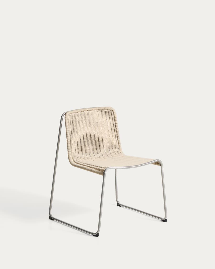 Tavari stackable chair in beige synthetic rope cord and AISI 304 stainless steel with brushed finish