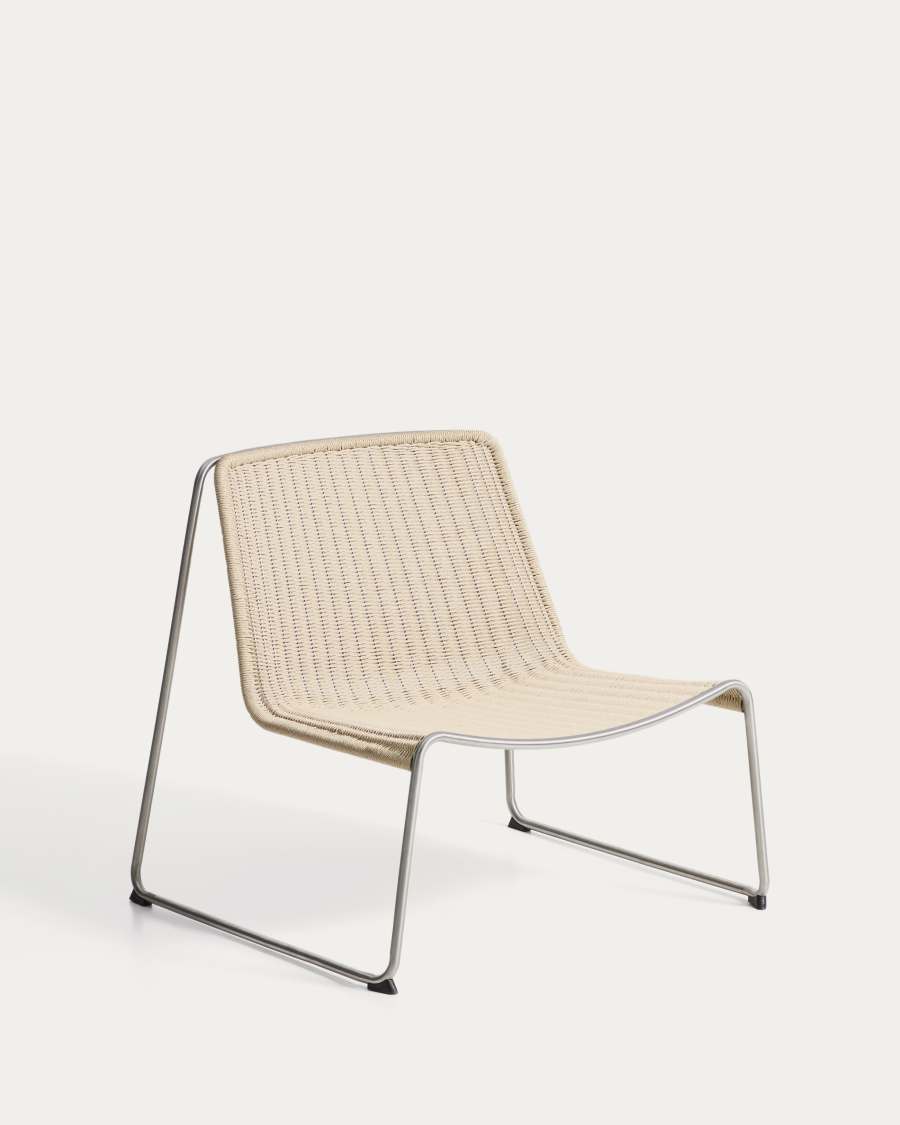 Tavari stackable armchair in beige synthetic rope cord and AISI 304 stainless steel with brushed finish