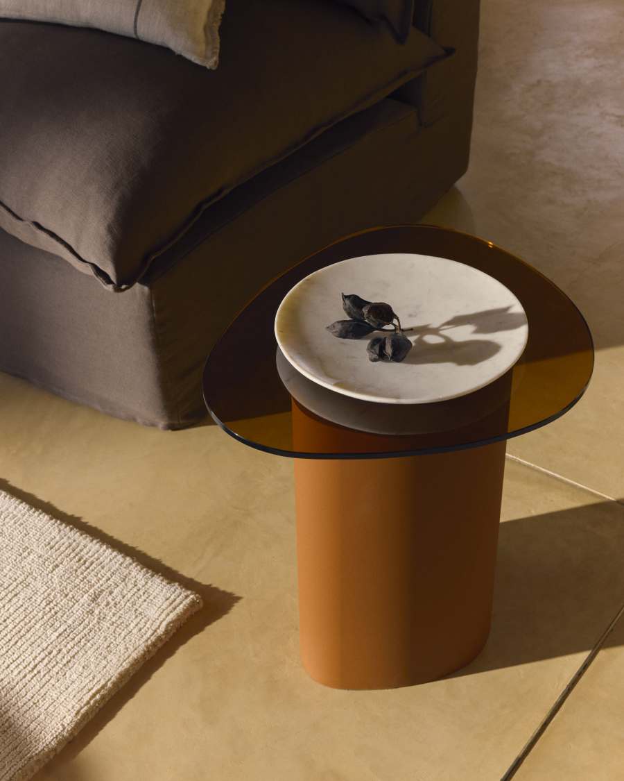 Olir side table in tempered glass and brown steel 48 x 46,8 cm