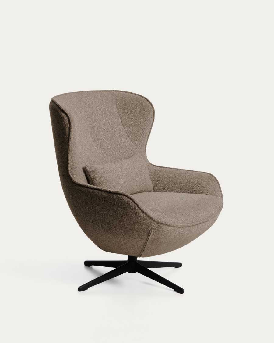 Sorile swivel armchair in brown chenille and steel with black finish FSC 100%