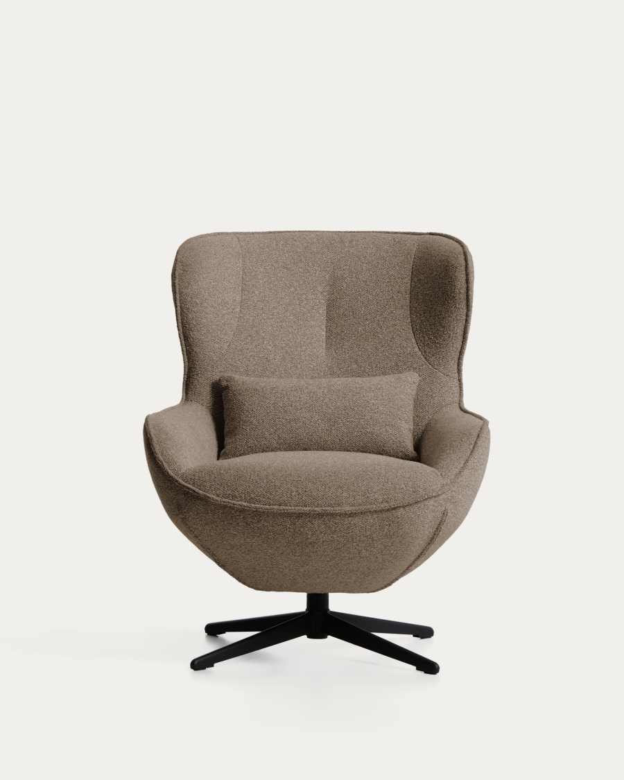 Sorile swivel armchair in brown chenille and steel with black finish FSC 100%