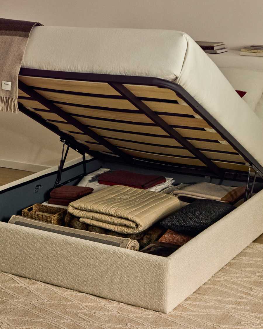 Nelzi uitklapbare bedbodem met opbergruimte met afneembare hoes in ecru chenille voor matras 150 x 200 cm FSC 100%