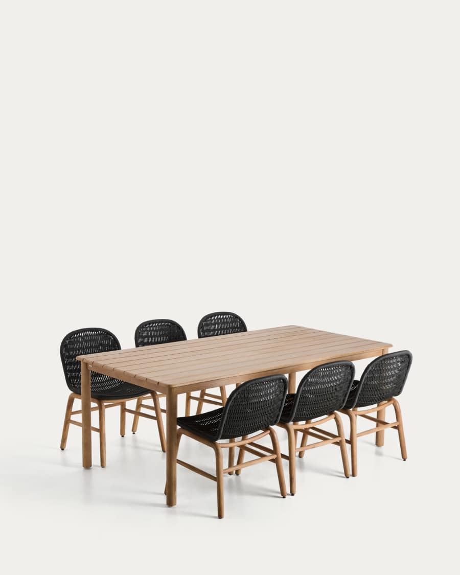 Set with Sori table in solid acacia wood and 6 Alipa chairs in graphite solid acacia wood and rope cord 200 x 100cm FSC 100%