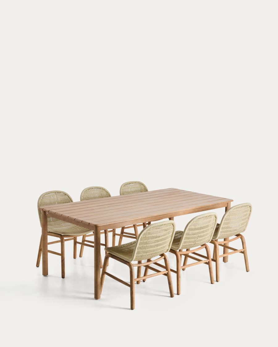 Set with Sori table in solid acacia wood and 6 Alipa chairs in ecru solid acacia wood and rope cord 200 x 100cm FSC 100%