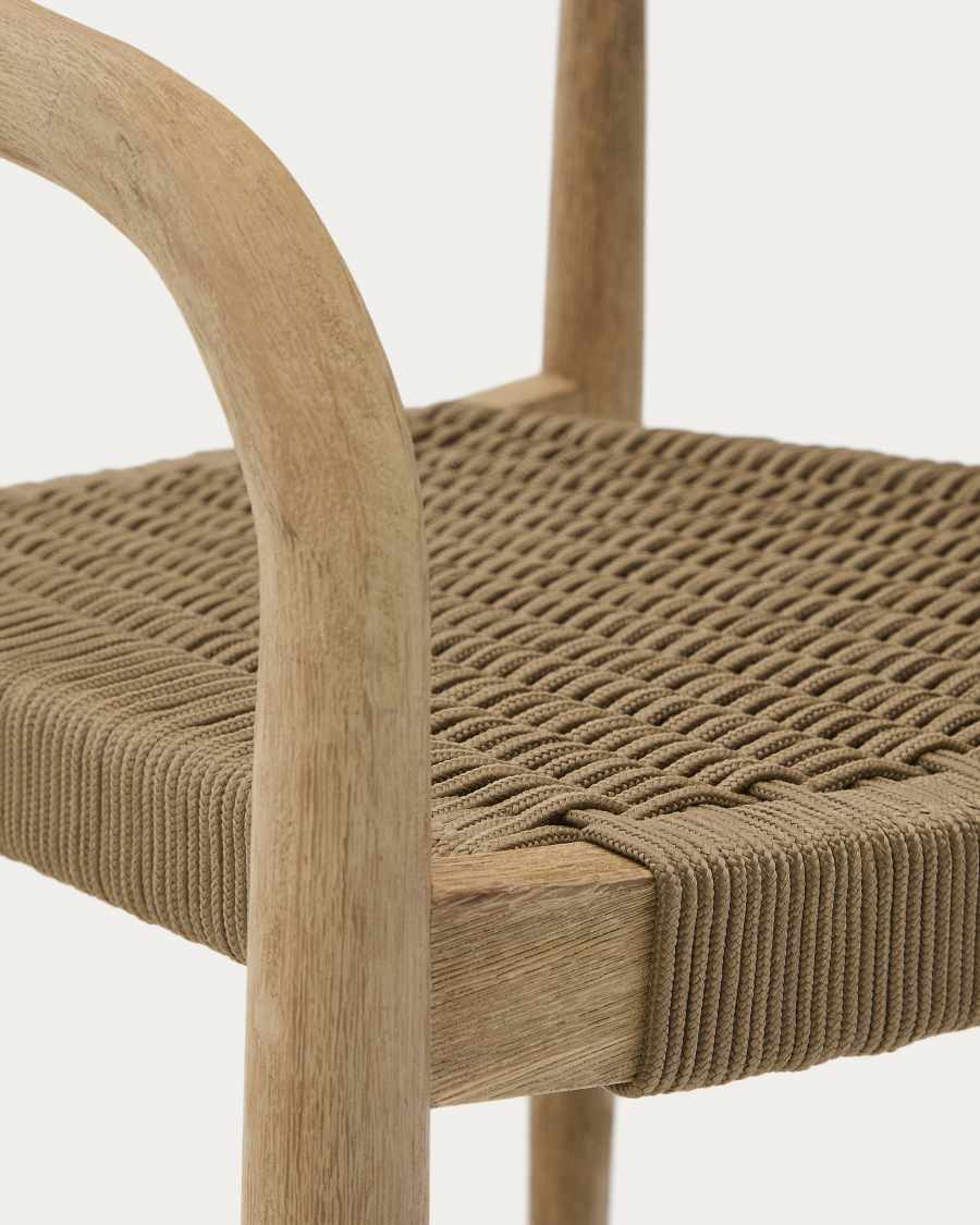 Set with Sori table in solid acacia wood and 4 Nina stackable chairs in beige solid acacia wood and rope cord 200 x 100cm FSC 100%