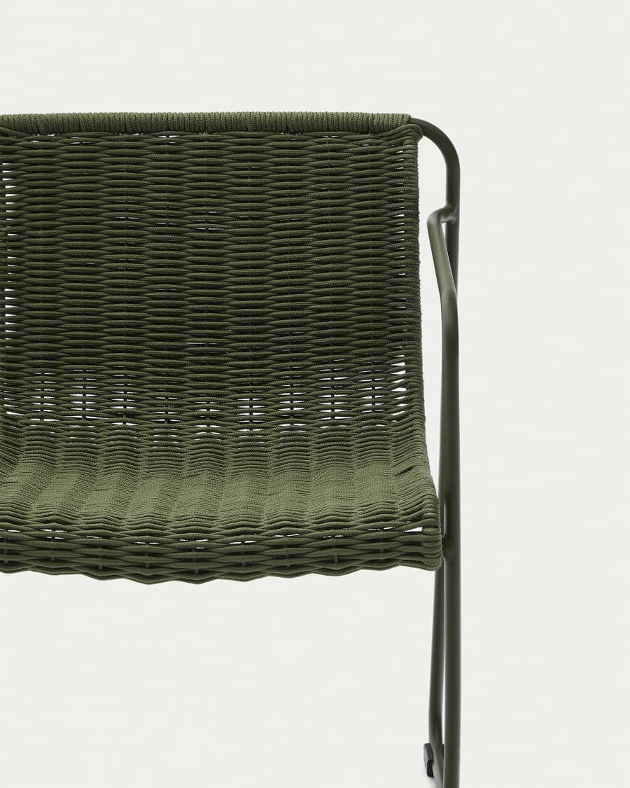 Maurina set with green galvanised steel and tiled table and 6 green galvanised steel and rope cord stackable chairs 223 x 101cm