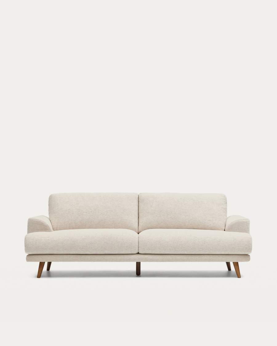 Karin beige 3-seater sofa with solid beech wood legs in walnut-tone finish 231 cm