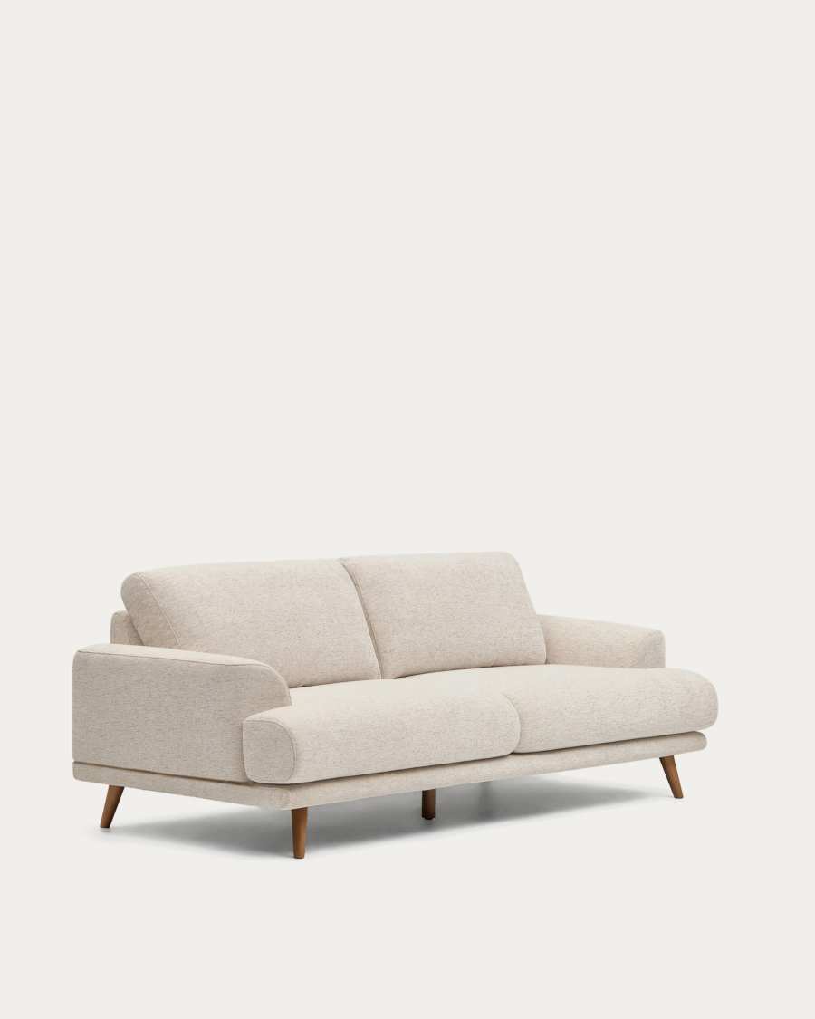 Karin beige 3-seater sofa with solid beech wood legs in walnut-tone finish 231 cm