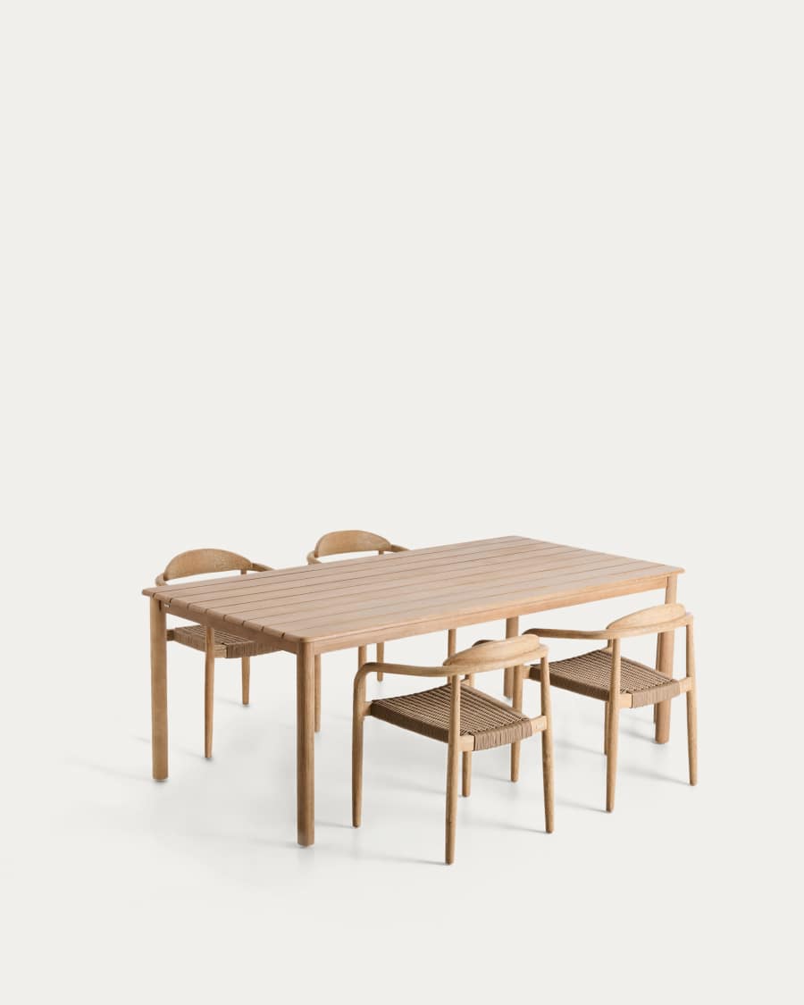Set with Sori table in solid acacia wood and 4 Nina stackable chairs in beige solid acacia wood and rope cord 200 x 100cm FSC 100%