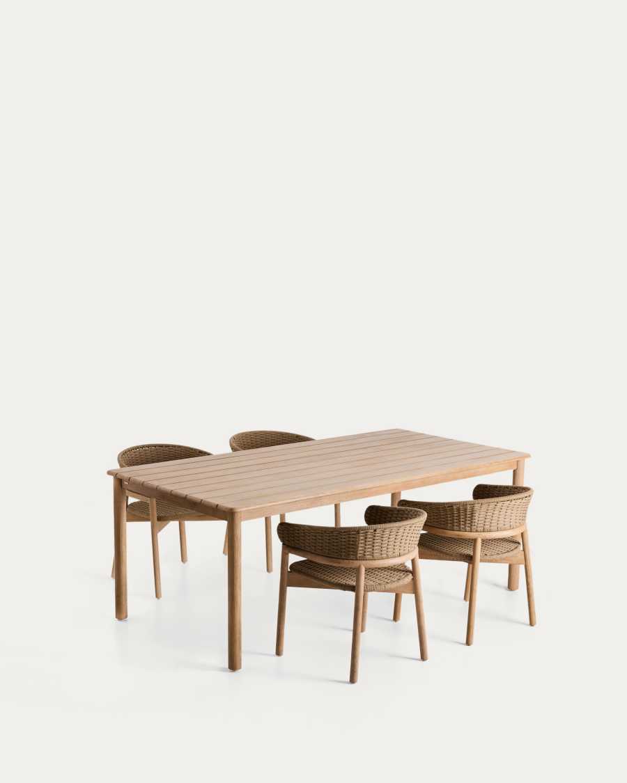 Set with Sori table in solid acacia wood and 4 Arinella chairs in beige solid acacia wood and rope cord 200 x 100cm FSC 100%
