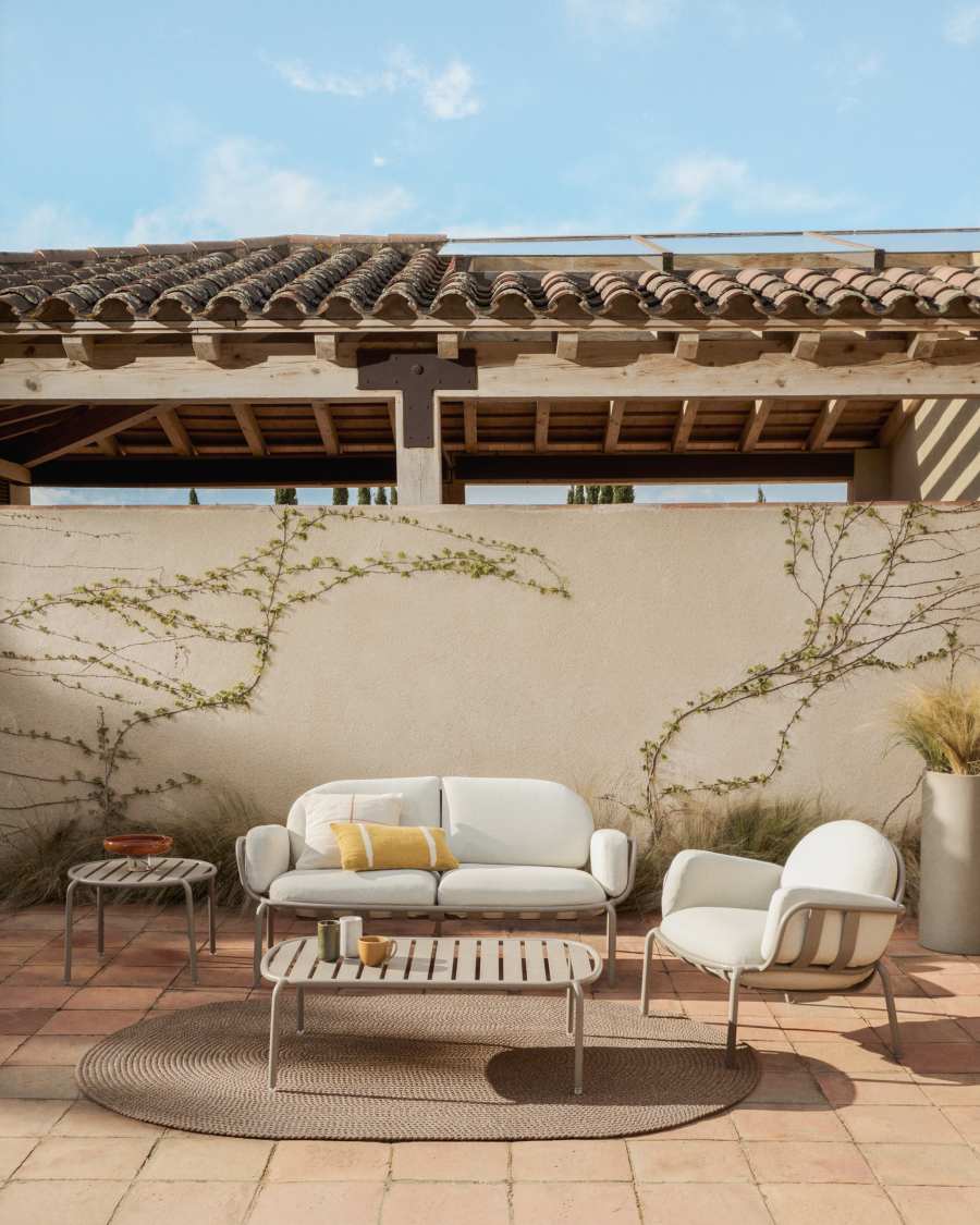 Joncols outdoor 2-seater sofa in aluminium with taupe painted finish and beige cushions 164cm