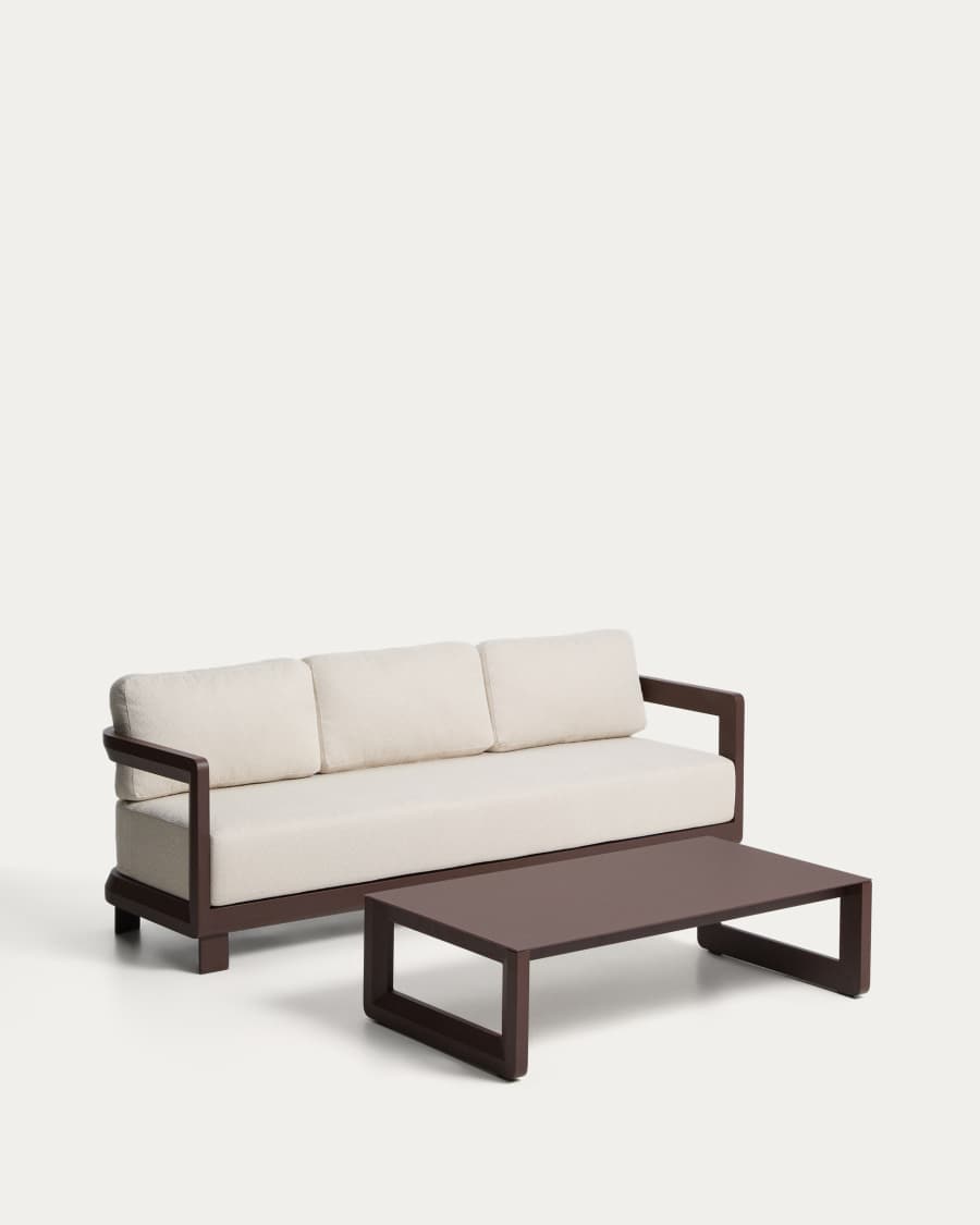 Set Nerano mit 3-Sitzer Sofa und Couchtisch aus Aluminium in Braun