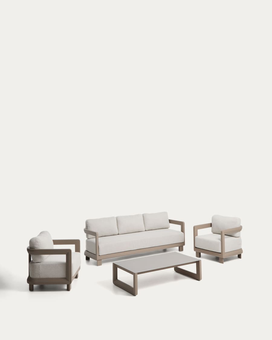 Nerano set with 3-seater sofa, 2 armchairs and coffee table in tempered glass and taupe aluminium