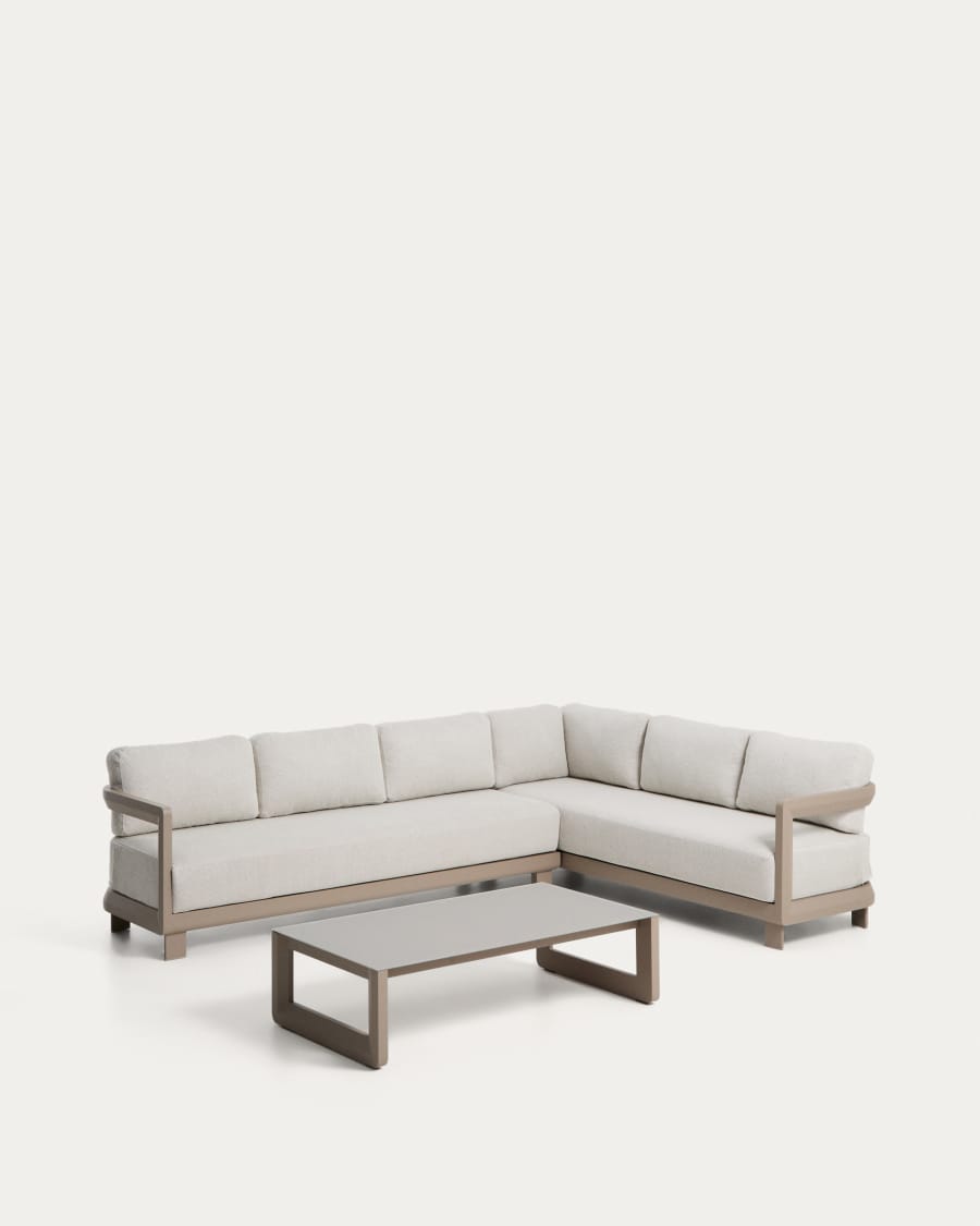 Nerano set with 5-seater corner sofa and coffee table in tempered glass and taupe aluminium