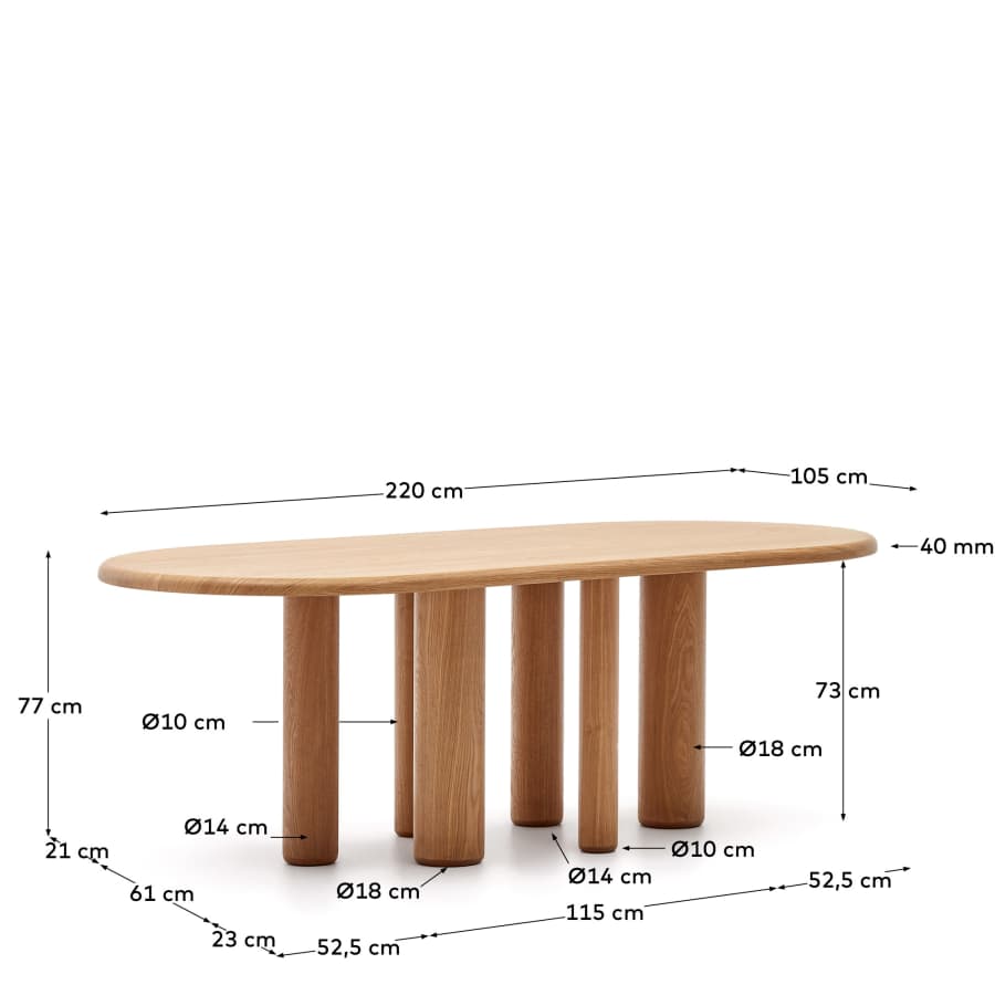 Mailen oval table in ash wood veneer with natural finish, Ø 220 x 105 cm