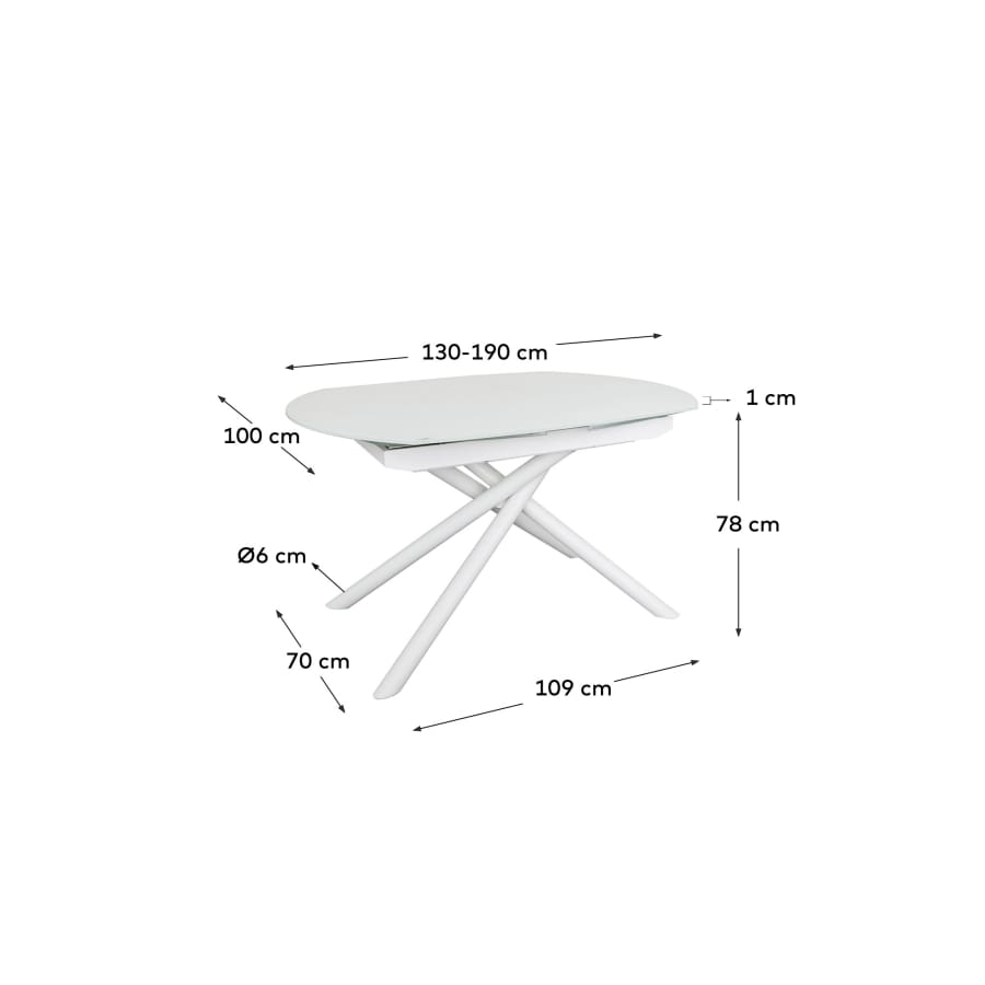 Yodalia extendable round table in glass and MDF with steel legs in white, 130 (190) x 100 cm