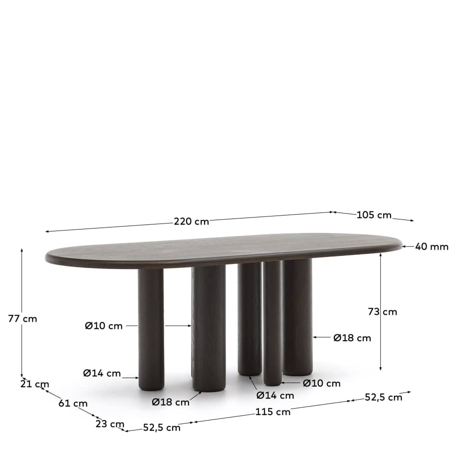 Mailen oval table in ash wood veneer with dark finish, Ø 220 x 105 cm