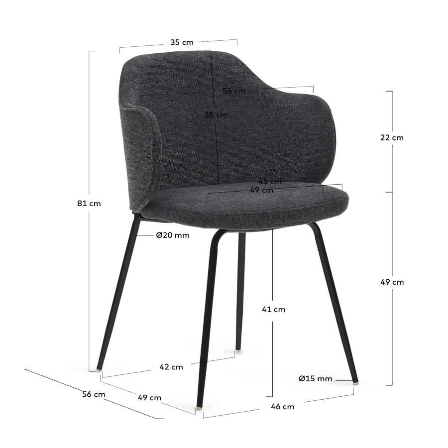 Yunia chair in dark grey with steel legs in a painted black finish FSC 100%