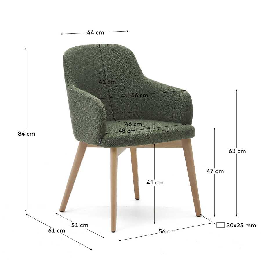Nelida chair in green chenille and solid beech wood in a natural finish FSC 100%