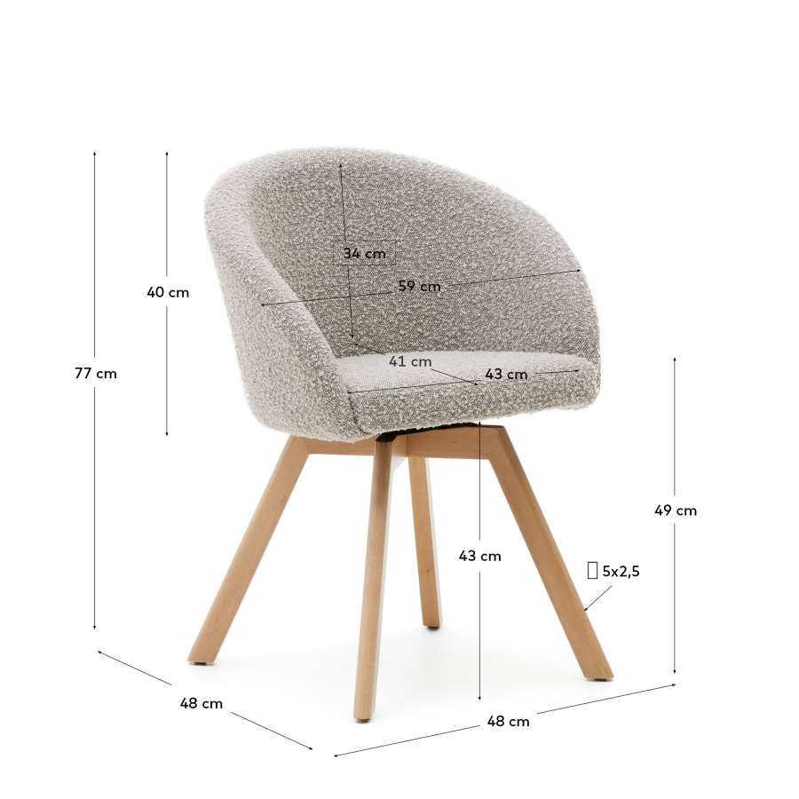 Sedia girevole Marvin in tessuto bouclé grigio e gambe di legno massiccio di faggio con finitura naturale FSC 100%