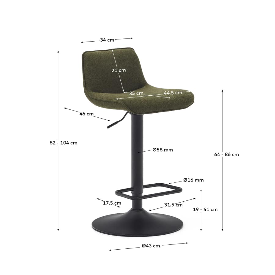 Zenda stool in dark green chenille and matt black steel height 81-102 cm FSC 100%