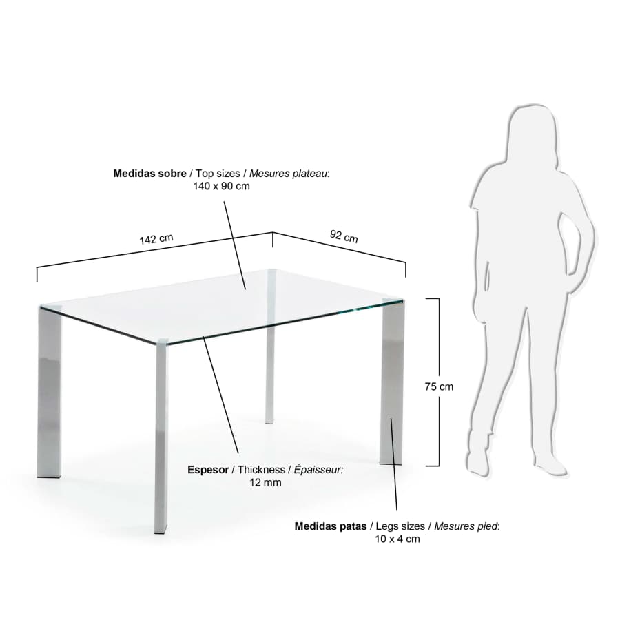 Table Spot en verre et pieds en acier finition chromée 142 x 92 cm