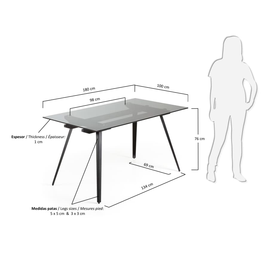 Normand table glass black 180 x 100 cm