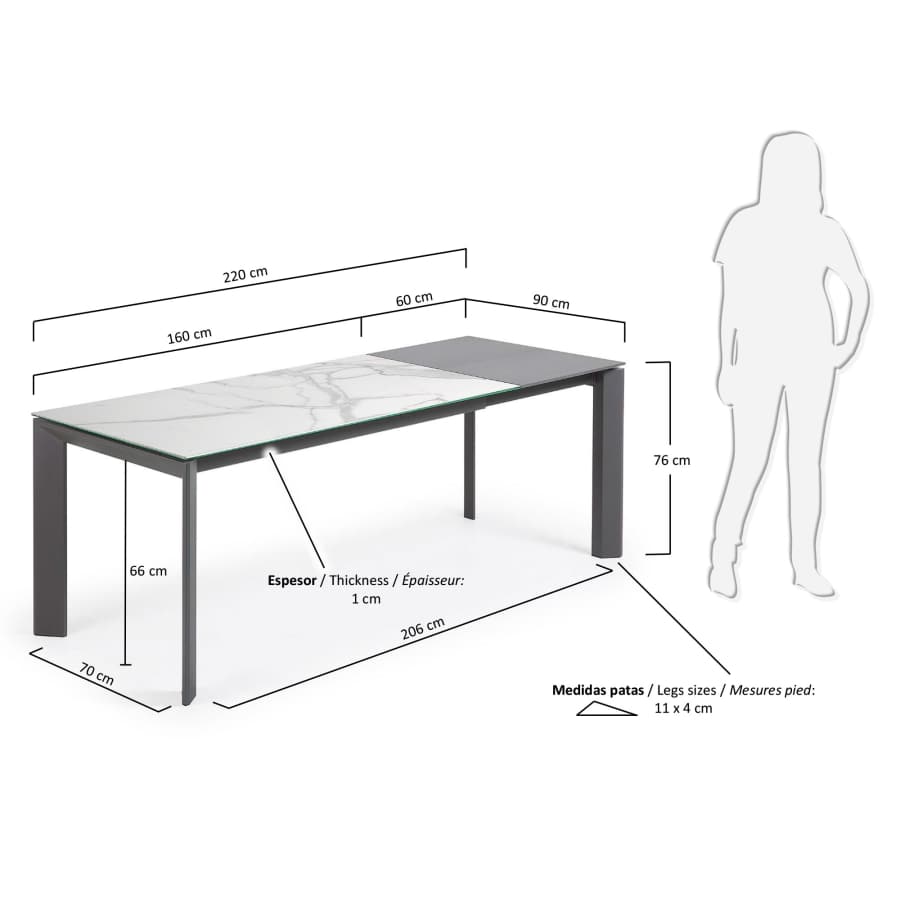 Axis Ausziehtisch Feinsteinzeug mit Kalos Blanco Finish Beine in Anthrazit 160 (220) cm