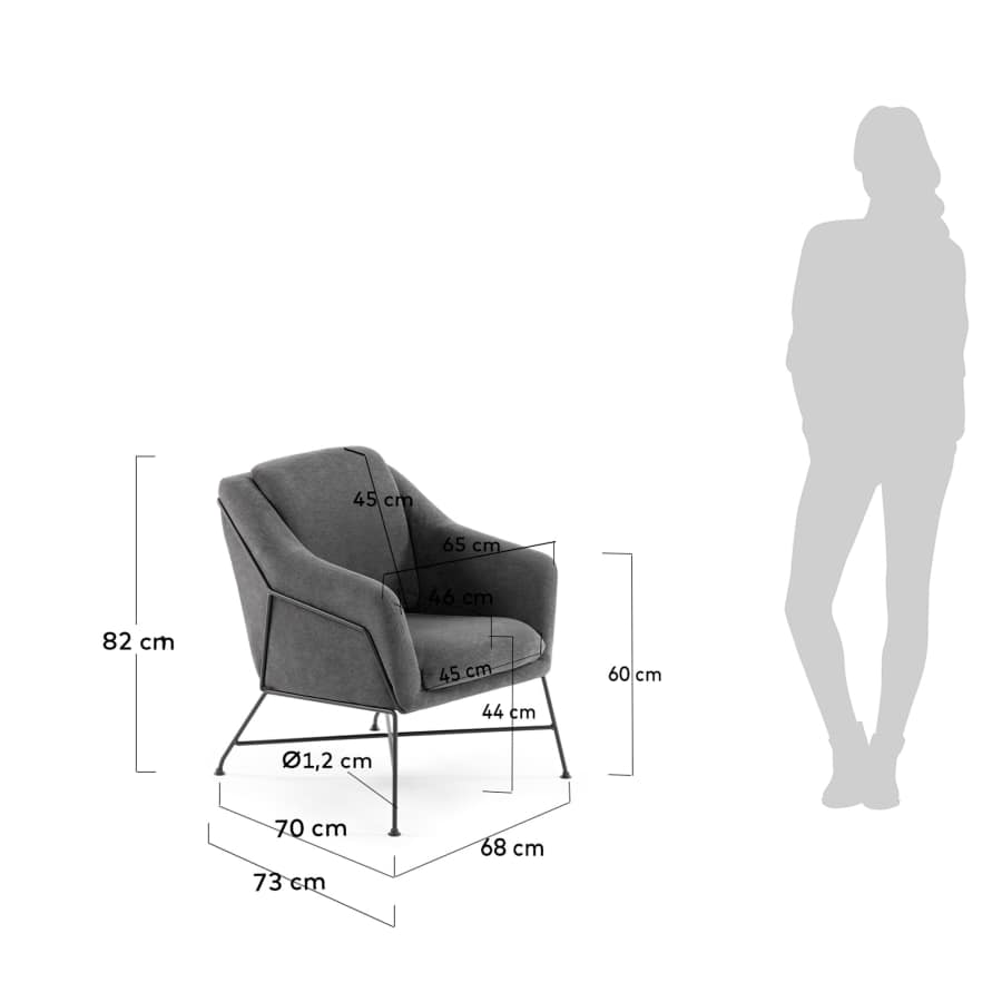 Brida armchair in dark grey with steel structure in black finish.
