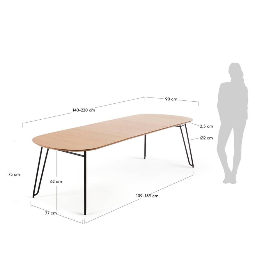 Novac ausziehbarer Tisch 140 (220) x 90 cm mit Eichenfurnier und schwarzen Stahlbeinen