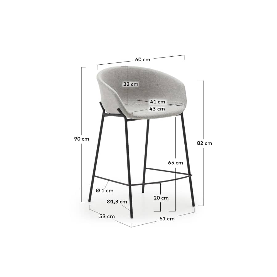 Yvette light grey stool with steel legs in a black finish, height 65 cm
